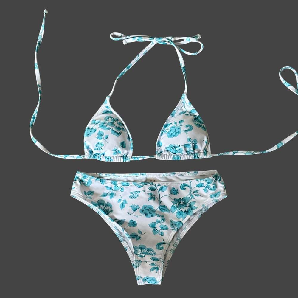 Floral Print Halter Neck Triangle Bikini Set Blue White XS